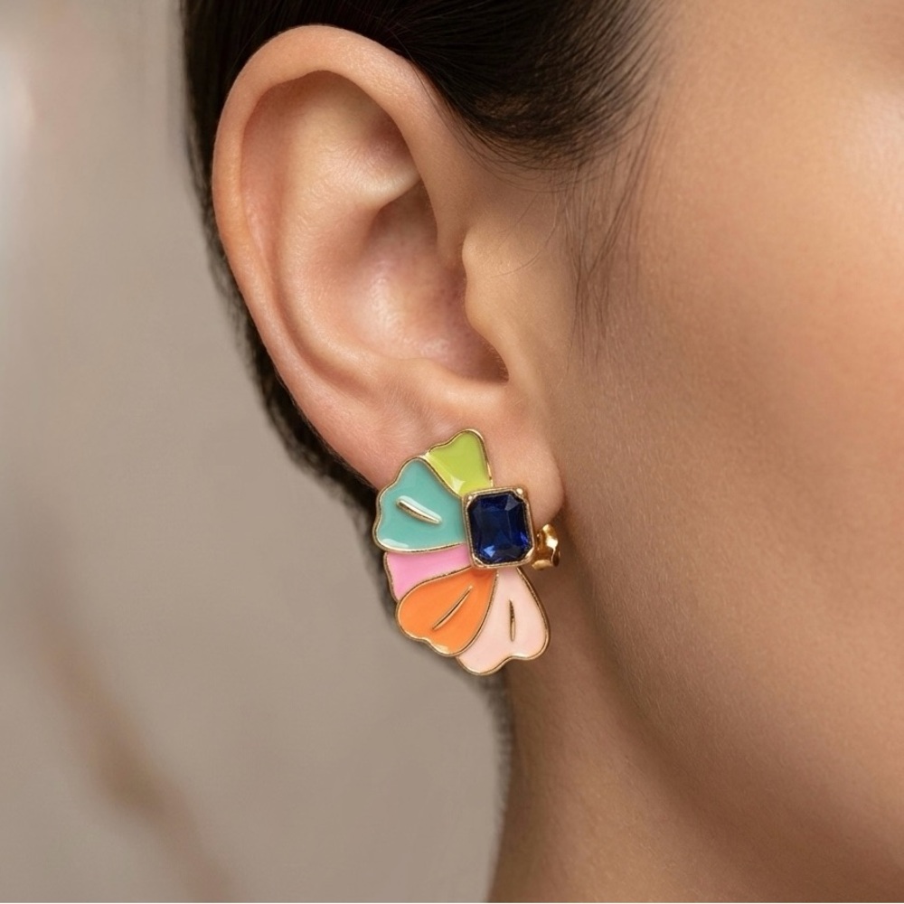 Multicolor Floral Stud Earrings | Enamel Petal Blue Stone